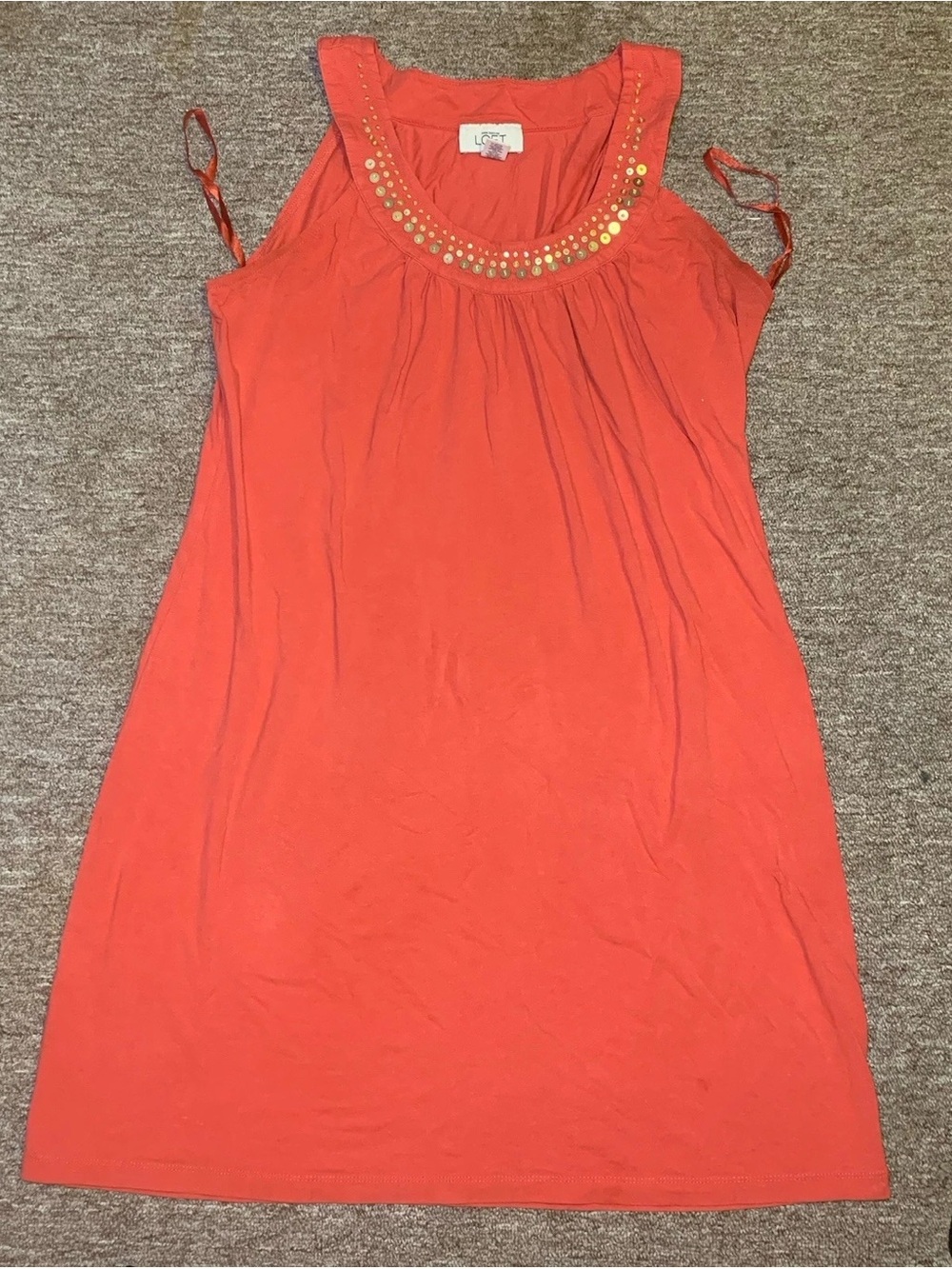 LOFT Coral Sleeveless Mini Dress with Gold Sequin Scoop